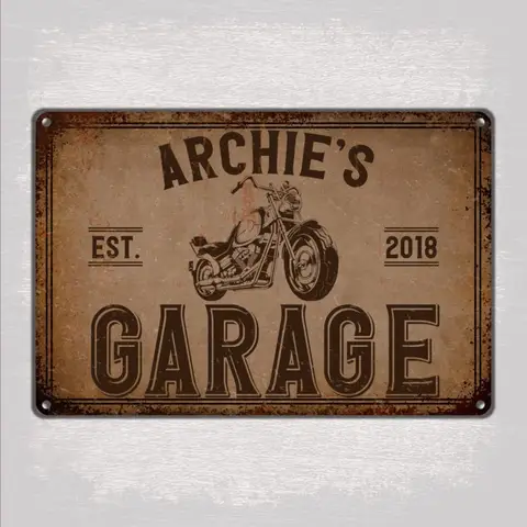 Panneau de garage de moto rétro personnalisé-plaque murale en métal avec nom personnalisé, décor d'atelier.