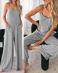 Jumpsuit For Women 2023 Fashion Grey Pocket Design Casual Home Daily Loose Spring Summer Female Wide Leg Jumpsuit