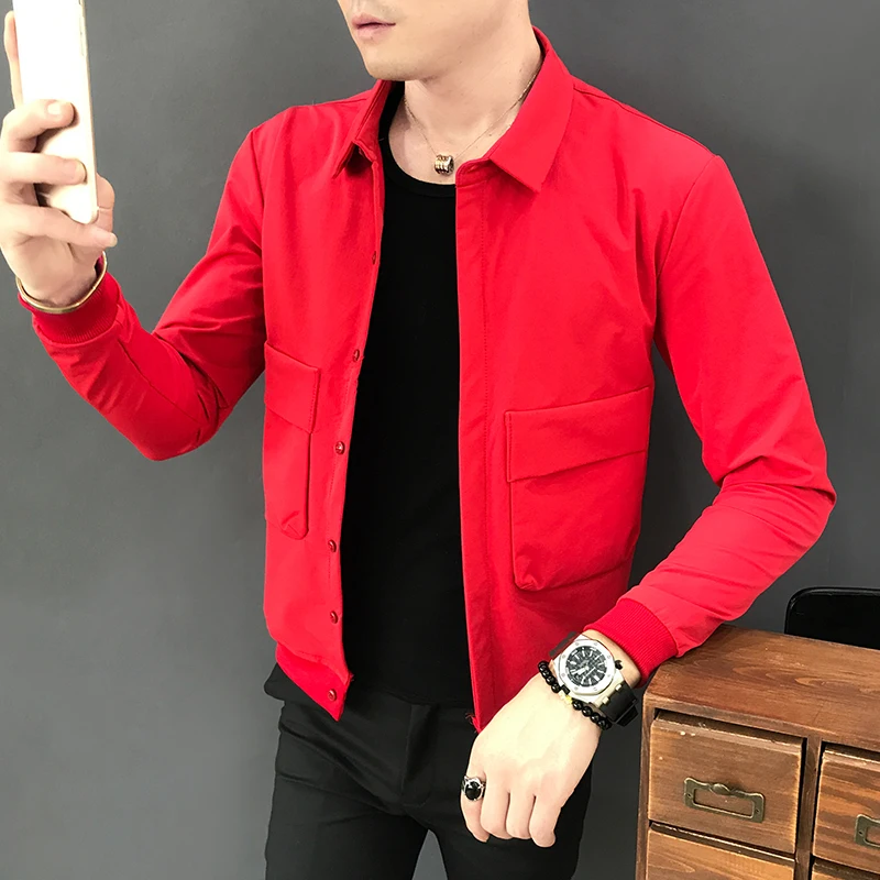 

Slim Fit Trendy Jaet for Men Autumn Wear Small Size ular Outerwear Youthful Sle Long Sve Flip Collar Single Button