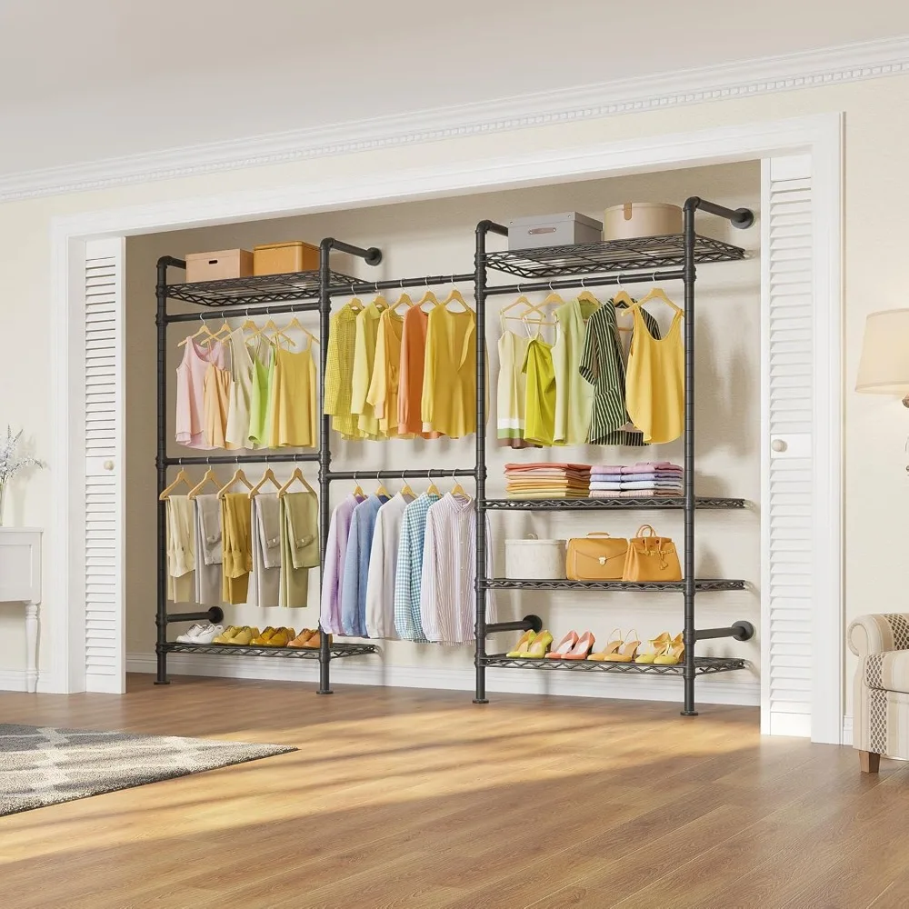 F3 Garment Rack Heavy Duty Clothes Rack for Hanging Clothes, Expandable Industrial Pipe Wall Mounted Clothing Racks