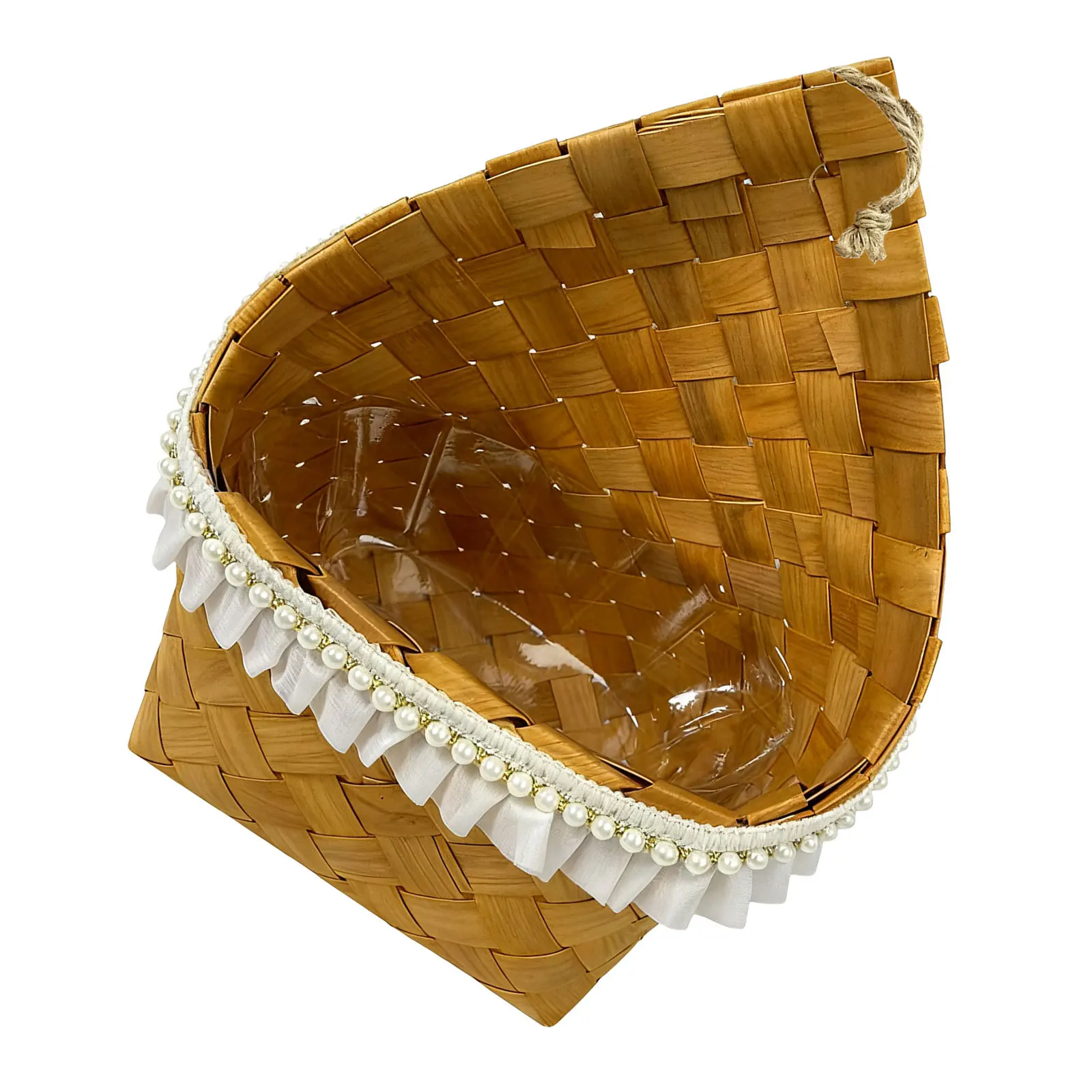 

Wooden Wall Hanging Flower Basket Woven with Natural Strips Waterproof Liner Pearl Trim for Living Room Bedroom Wall Decor