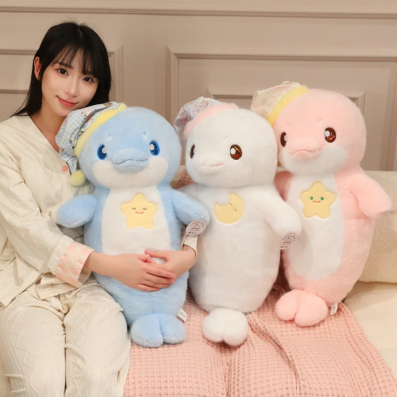 Adorable Dolphin Plush Blue Pink White With Sleep Cap And Yellow Star Design Kawaii Stuffed Ocean Accent Bedroom Cuddly
