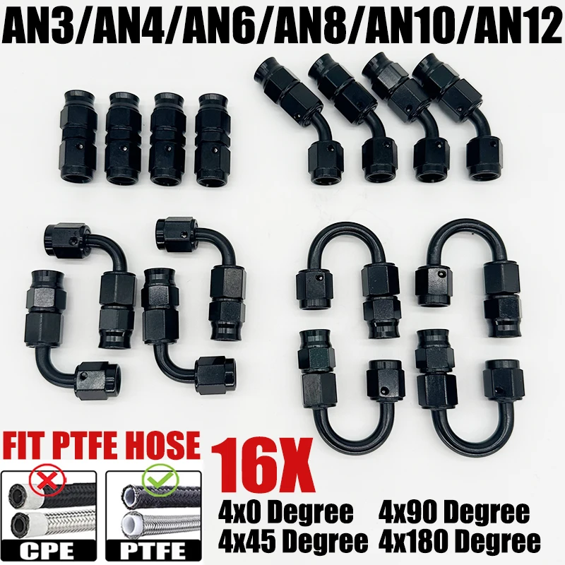 

16 шт. AN3 AN4 AN6 AN8 AN10 прямо 0 45 90 180 градусов многоразовые фитинги для шланга, адаптер для поворотной PTFE E85, масляная топливная трубка