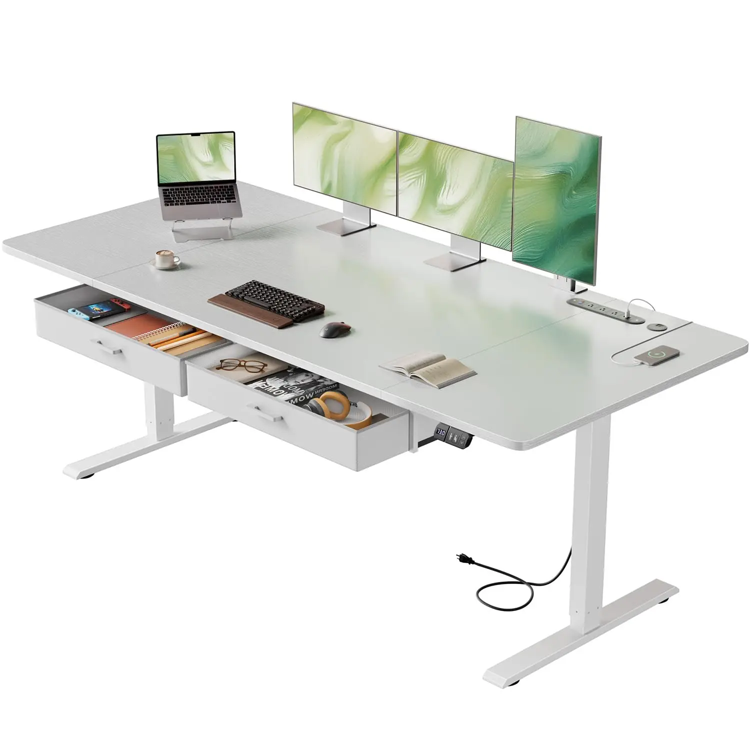 Electric Standing Desk with Power Outlets & 2 Drawers, 71