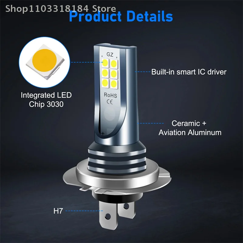 Kit de bombillas LED para faros delanteros H7, luz antiniebla para coche, 110W, luz baja superbrillante, 6000K, resistente al agua, superbrillante, accesorio para vehículo, 2 uds.