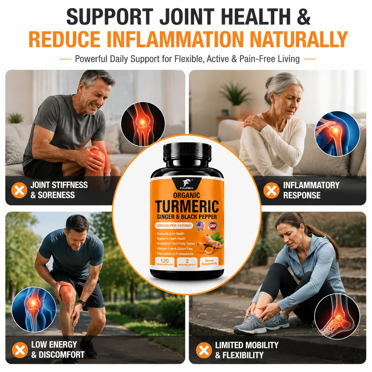 Organic Turmeric Ginger Black Pepper Capsules 1500mg, Support Joint Flexibility & Comfort, Heart Health & Circulation, Activity