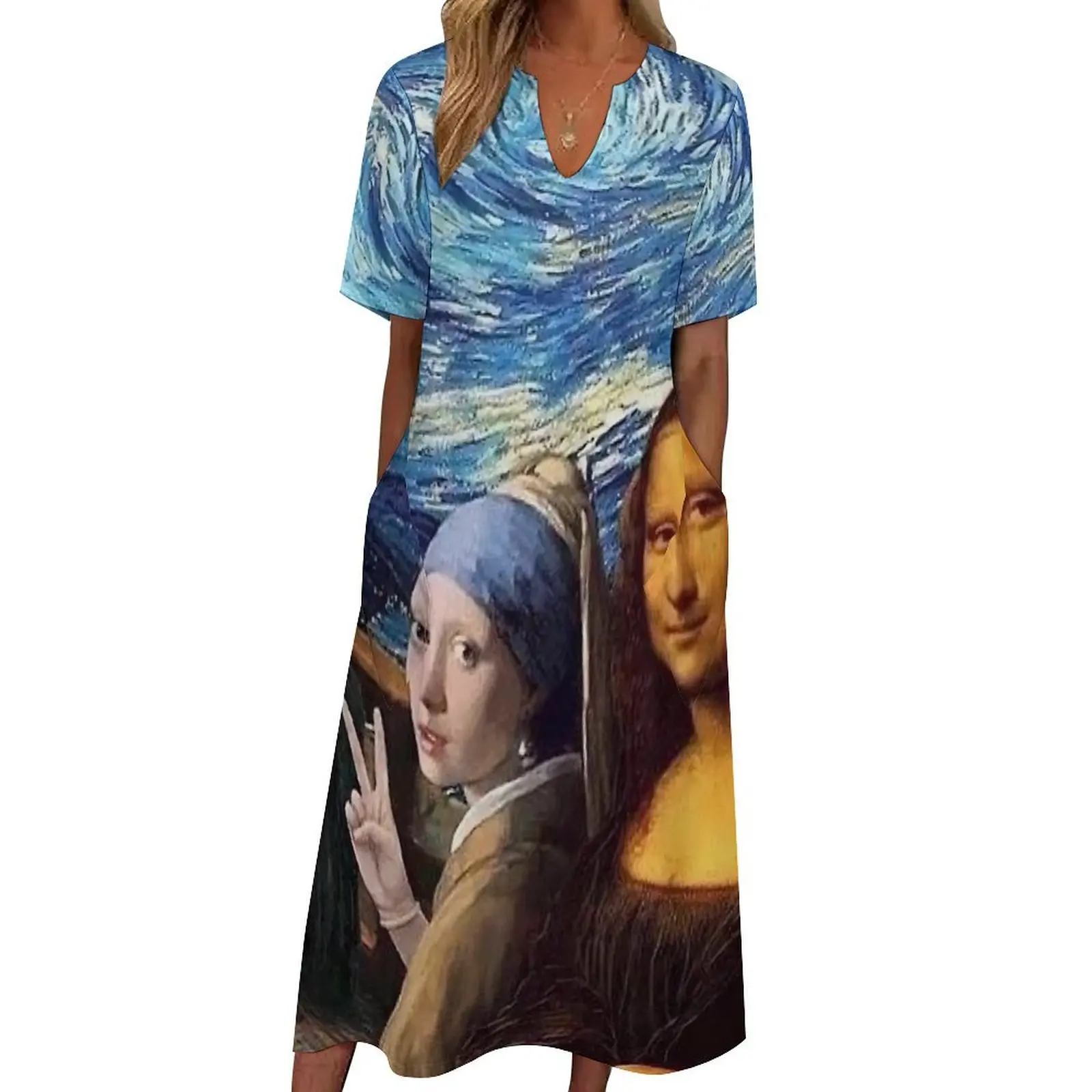 Van Gogh Dress Mona Lisa Girl with A Pearl Earring Elegant Maxi Dress Streetwear Casual Long Dresses Summer Short Sleeve Vestido