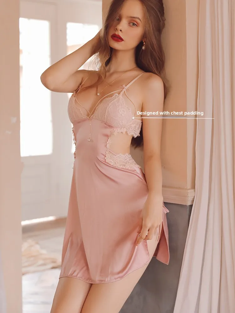 

Sexy Lace Ice Silk Strap Binding Bal Spwear Women's Summer Pure Desire Floor-Length V-Ne Hollow out Home Clothes