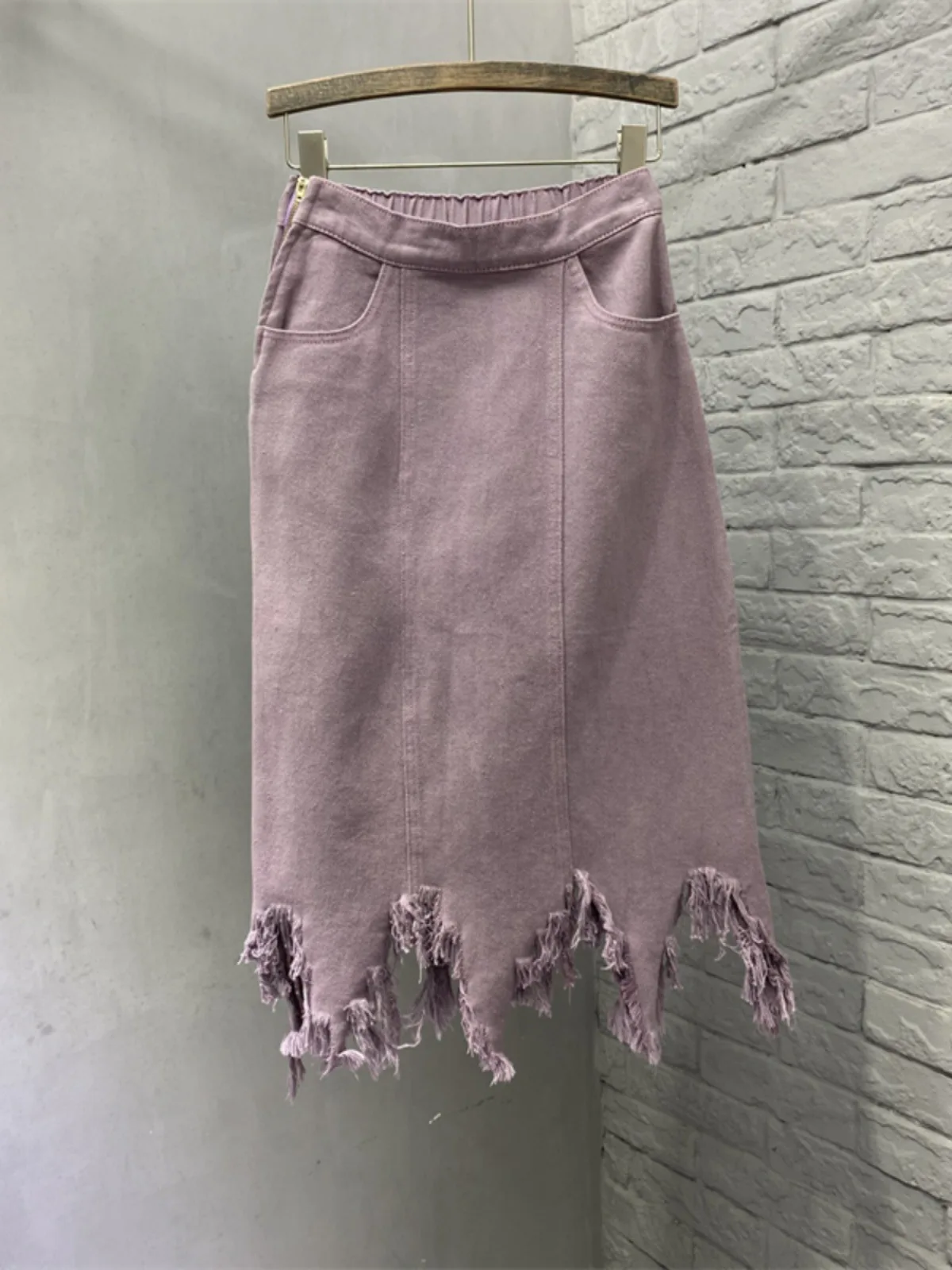 大サイズフリンジガール夏の新ハイウエストルーズ不規則なデニムスカートエレガントなパープルロング A ラインシンプルな多用途スカート