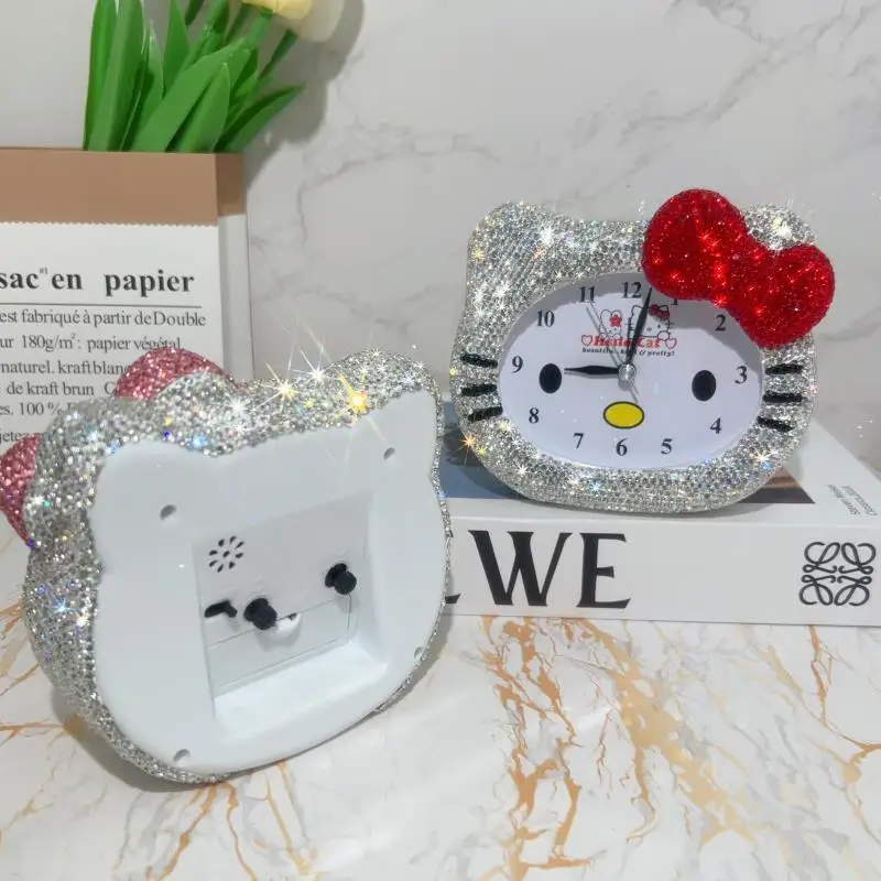 Cute Kawaii Hello kitty Diamond Cartoon Alarm Clock Bling Rhinestone Small Alarm Clock Morning Call for Bedroom Home Desktop