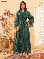 Siskakia Ramadan Muslim Mesh Stripe Embroidery Abaya Two Piece Set Dubai Stylish Maxi Dress Belt included Double-Layer Sleeve