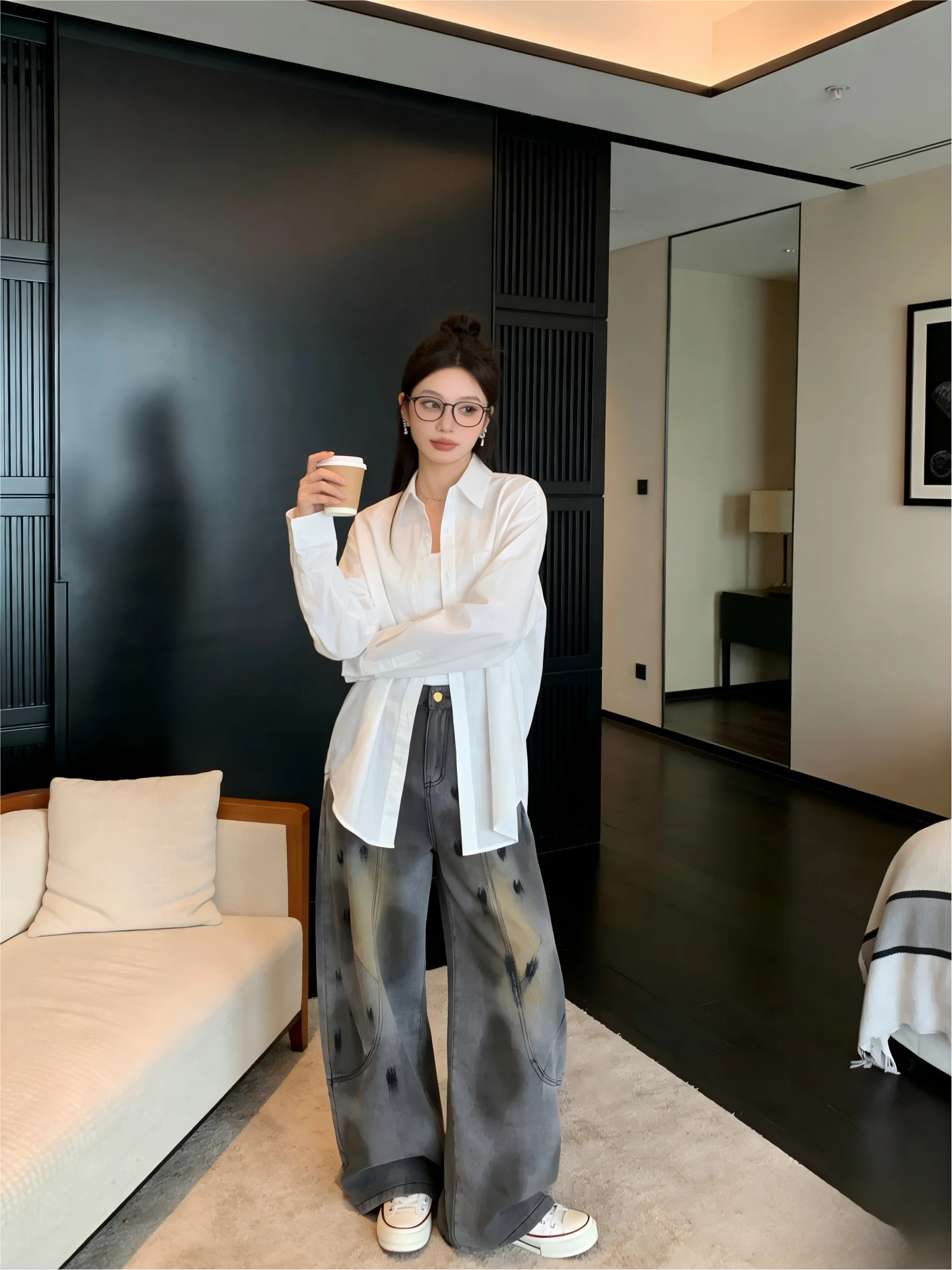 

Korean Sle Loose Fit Tie Dye Vintage High Waist Wide Leg Jeans Women's Floor Length Knife Denim Pants Casual Trousers