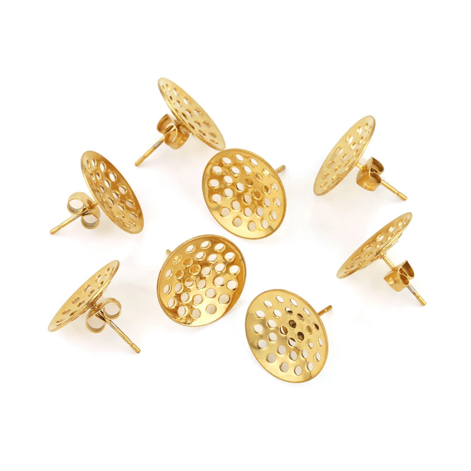 Stainless Steel Earring Accessories Hollow Round Gold Color DIY Earrings Jewelry Findings Glue On Post/ Wire Size: 0.8mm, 6PCs