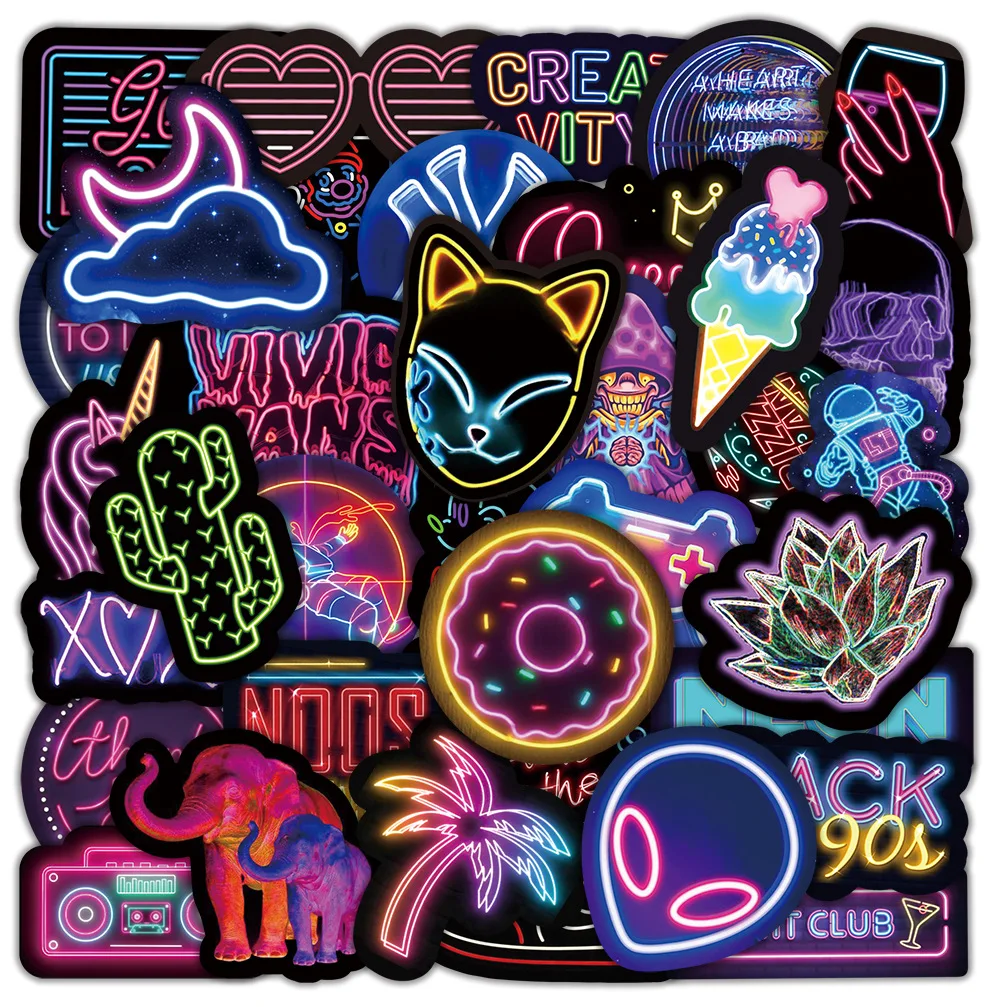 50 Stück Neonlicht-Aufkleber, Cartoon-Aufkleber, wasserdicht, DIY, für Telefon, Skateboard, Laptop, Gepäck, coole süße Aufkleber für Kinderspielzeug