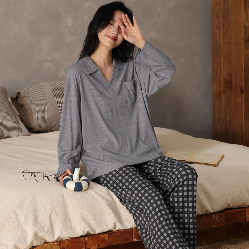 أطقم بيجامات قطنية مشروط جديدة لخريف 2025 بأكمام طويلة ورقبة على شكل حرف v للنساء ملابس نوم كورية بيجامة ملابس منزلية بيجاما موهير ملابس منزلية #2