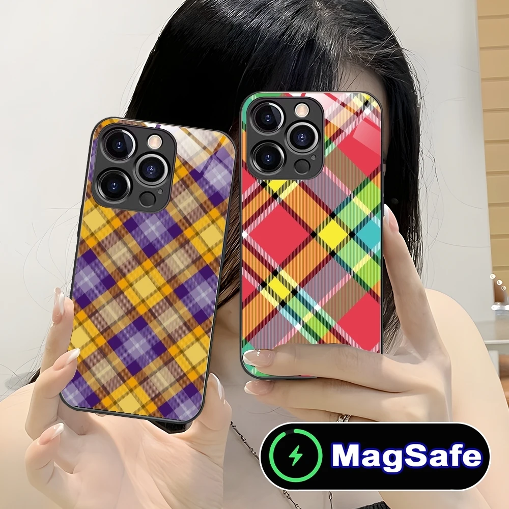 Lattice Grid Texture Mobile Cell Phone Case for iPhone 16 15 14 13 12 11 Pro Max Plus Mini MagSafe Wireless Charging Glass Cover