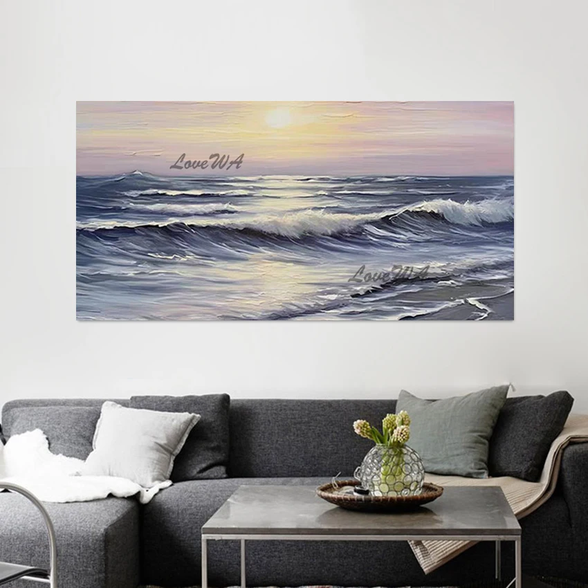 

Sea Wave Oil Painting Handmade Canvas Artwork Abstract Warm Sun Picture Art Acrylic Showpiece No Framed Landscape Wall Decor