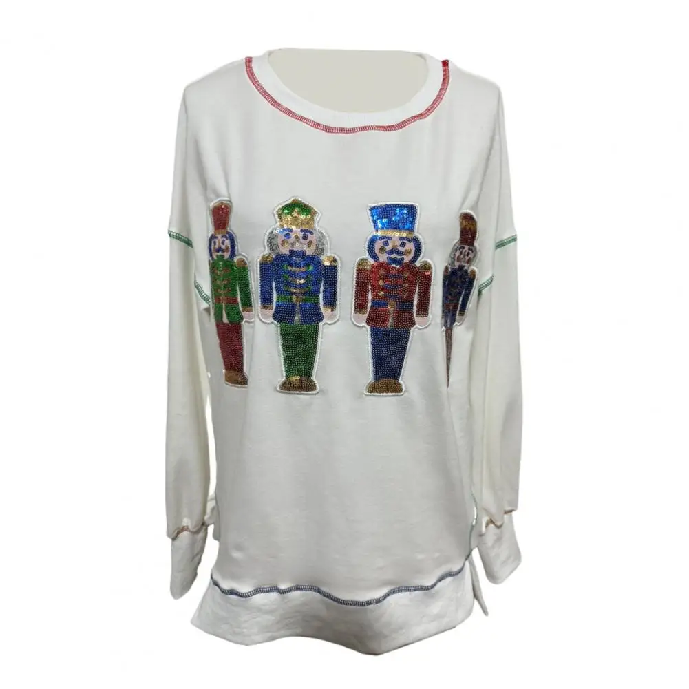 

Stylish Christmas Sequin Top Sequin Cartoon Pattern Women's Sweatshirt with Slit Hem Round Neck Christmas Style New for Women