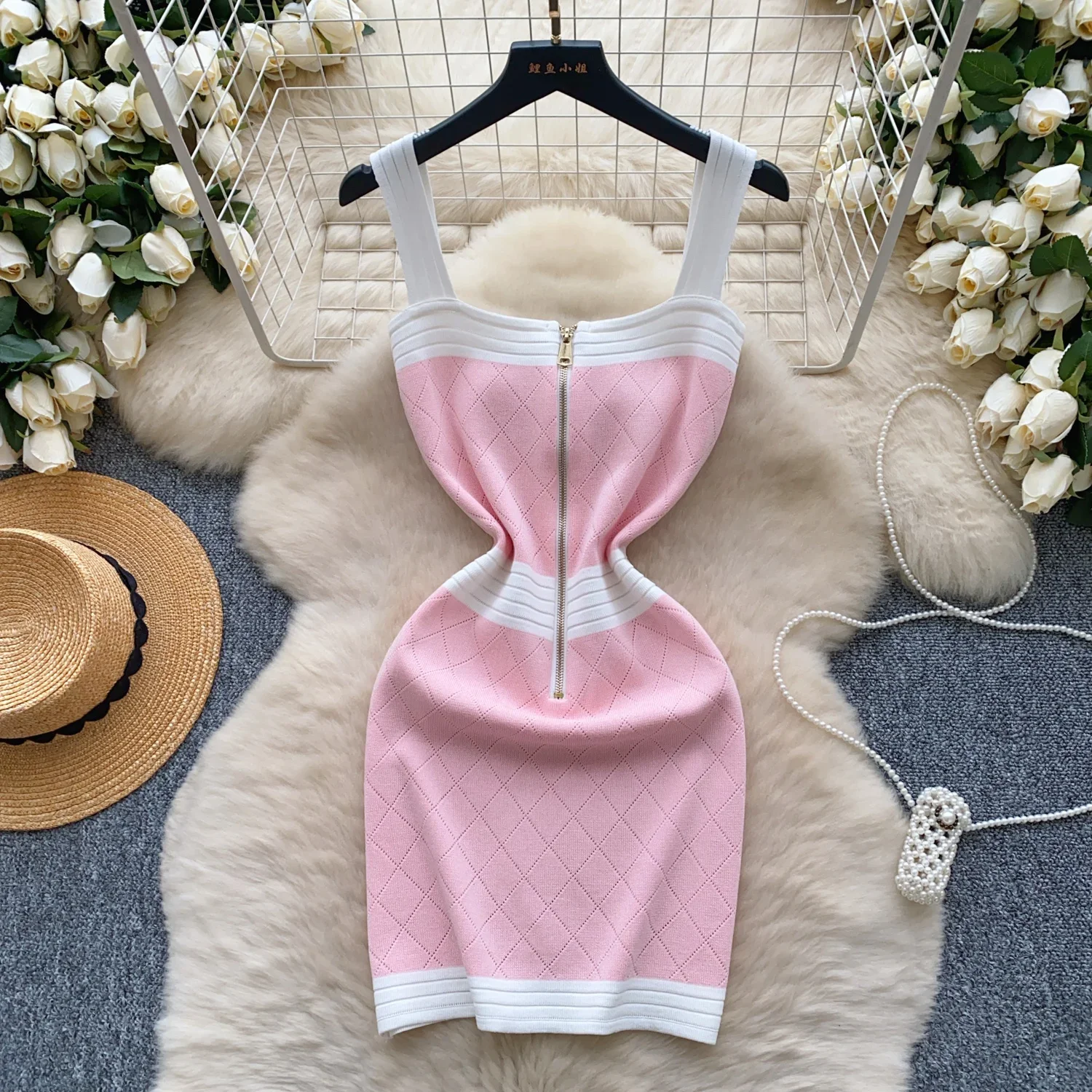2025 New Hotsweet Skinny Knit Sundress Zipper Design Sleeveless Color Blocking Women Summer Beachwear Mini Slim Bodycon Dress