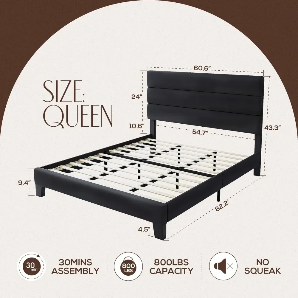 Queen's bed frame platform bed, velvet upholstered headboard, wooden slatted support, mattress base, no spring mattress required