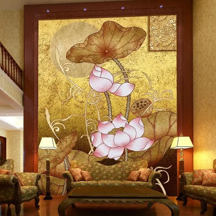 Customized products 3D Gold foil lotu wallpaper Buddhist culture living room TV Golden Lotus Temple Buddha Hall decorative mural