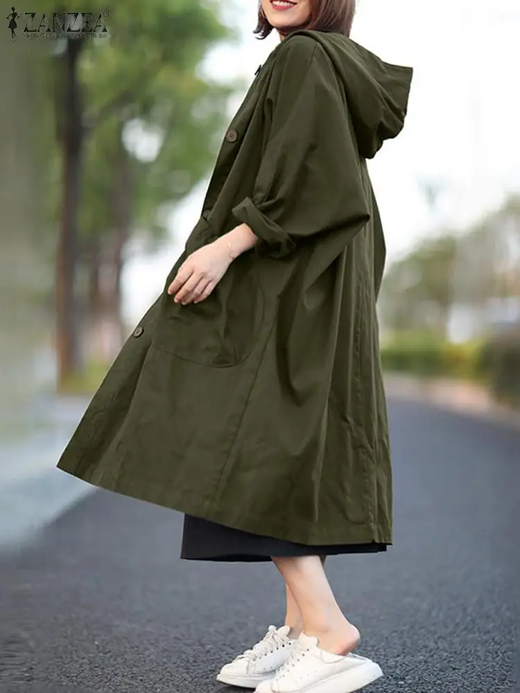 

ZANZEA Women Long Sleeve Outwears Casual Loose Long Hooded Coats Autumn Stylish Pockets Coats 2024 Fashion Kaftan Trench Femme