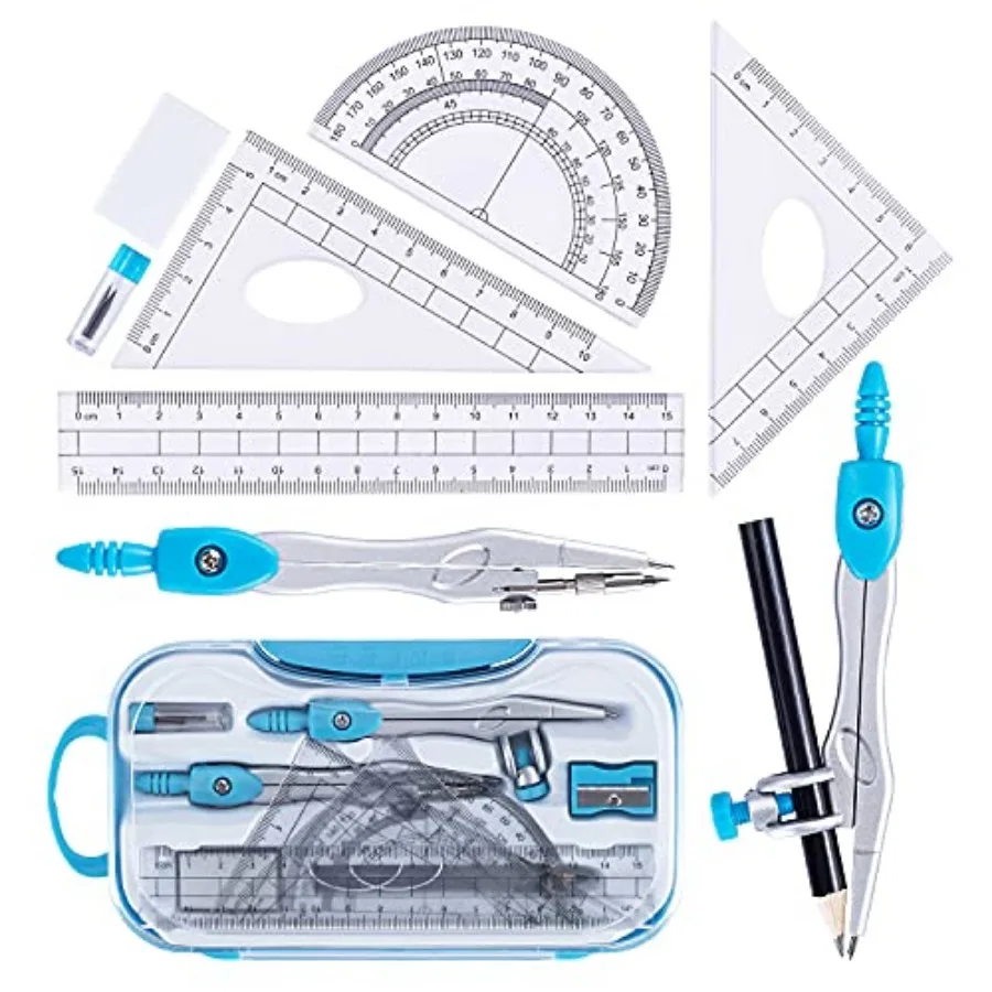 Math Geometry Kit Set 10 Pieces with Shatterproof Storage Box, Student Supplies Drawing Compass Includes Protractor, Rulers, Co