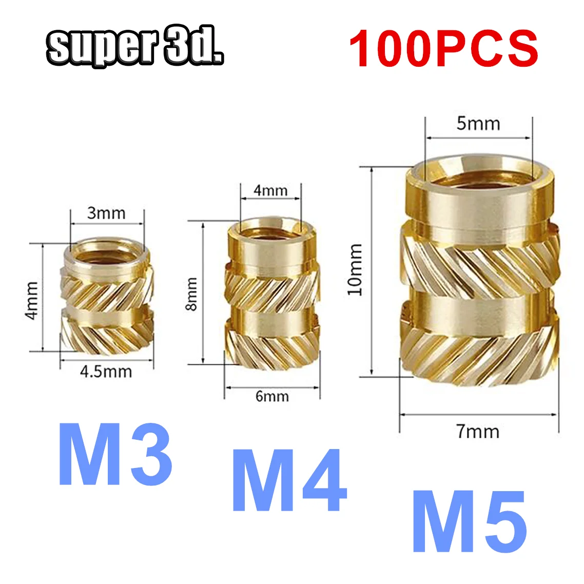 Tuerca de piezas M3 M4, rosca de M5, juego de calor roscado de latón de fusión en caliente, inserto resistente al calor, piezas de impresora 3D, 100