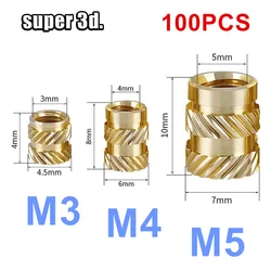 100 stücke Mutter m3 m4 m5 Gewinde gerändelt Hot Melt Messing Gewinde Wärme satz hitze beständige Einsatz Einbettung muttern für 3D-Druckerteile
