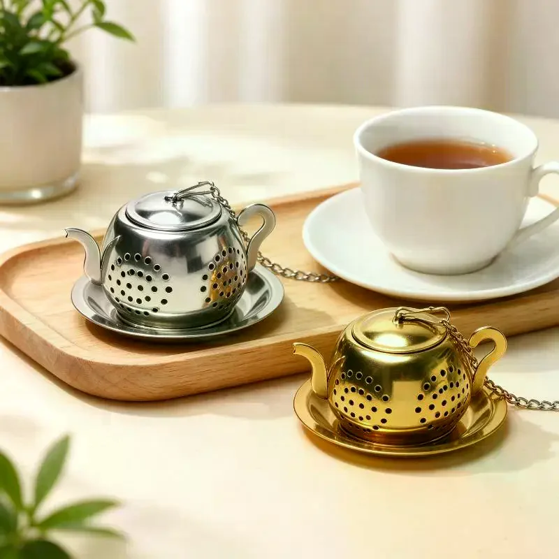 1Pcs Mini Teapot Shape With Base Herbal Spice Filter Tea Infuser Stainless Steel Tea Accessories Coffee Filter Spice Strainer