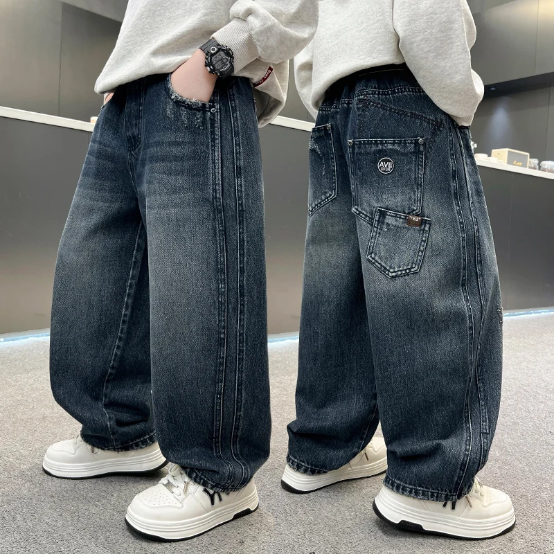 Korean Style Children Baggy Jeans For School Boys Casual Denim Pants with Multi Pocket Kids Cool Jeans Trousers 5 7 9 11 13 14 Y