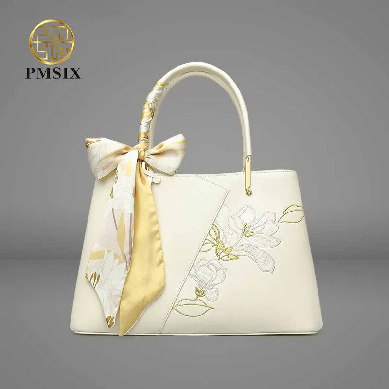 

PMSIX Cow Leather Embroidery Handbags For Women Luxury Designer Handbag Elegant Shoulder Bag Fashion Female Ladies Bags 2023