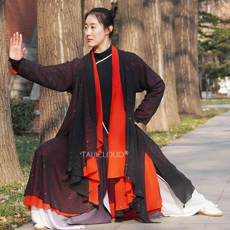Black Red Taichi Suit with Gold Starlight Cape - 2024 New Unisex Spring Summer Performance Set for Competition & Practice