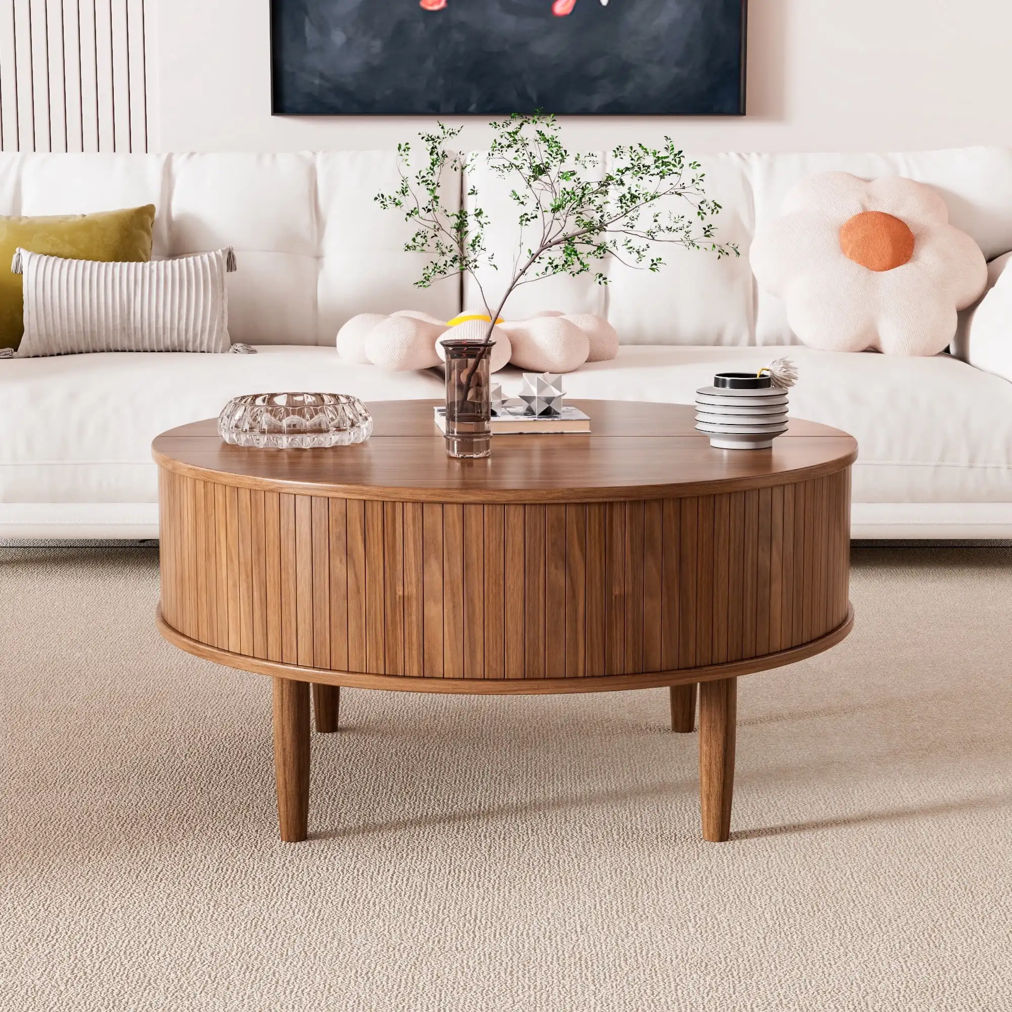Round Lift Top Coffee Table with Storage, Center Table with Hidden Compartment, Circle Coffee Table for Living Room, Walnut