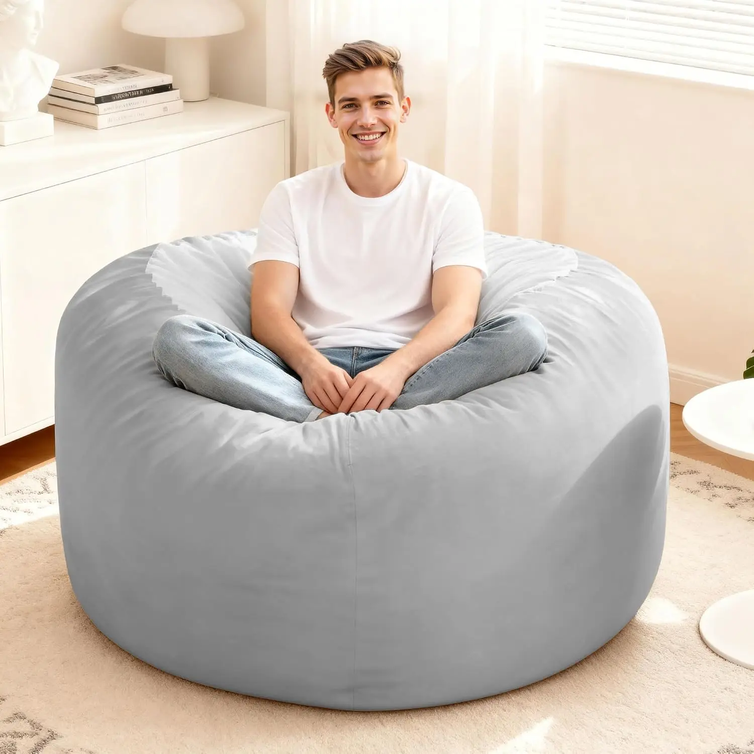 HABUTWAY Bean Bag Chair: Giant 4' Memory Foam Furniture Bean Bag Chairs for Adults with Microfiber Cover 4Ft (Light Grey)