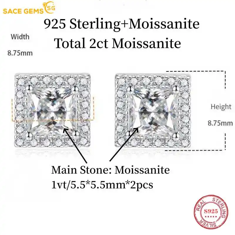 SACE GEMS GRA Certified Moissanite Studs Brincos para Homens e Mulheres, 925 Prata Esterlina, Ouro Branco 18K, Jóias Finas