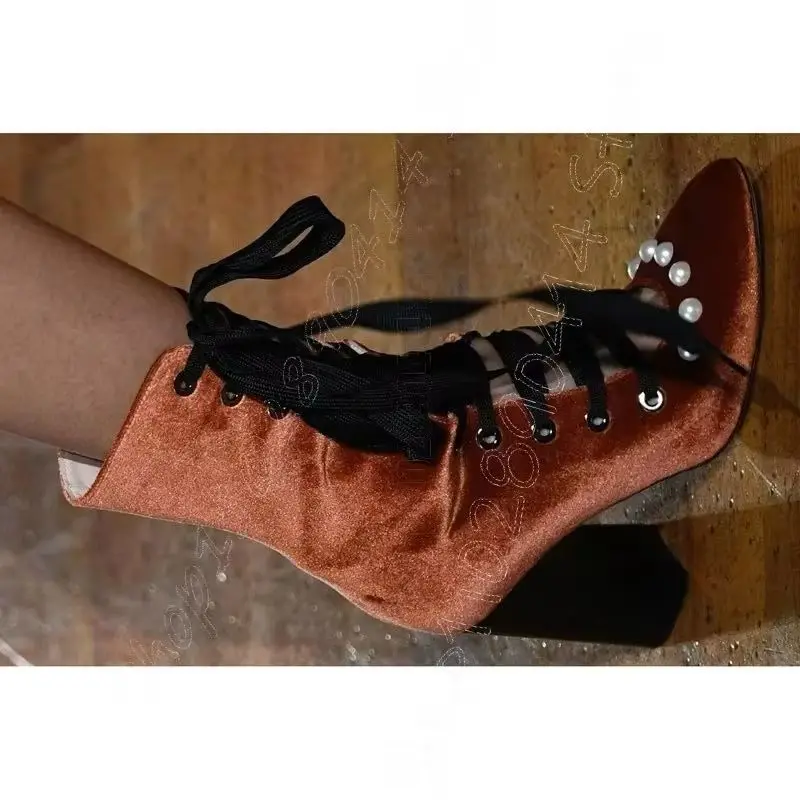 

Pearl Design Brown Corduroy Pointed Toe Boots Cross Tied Women Shoes Chunky High Heels New Party Runway 2026 Zapatos Para Mujere