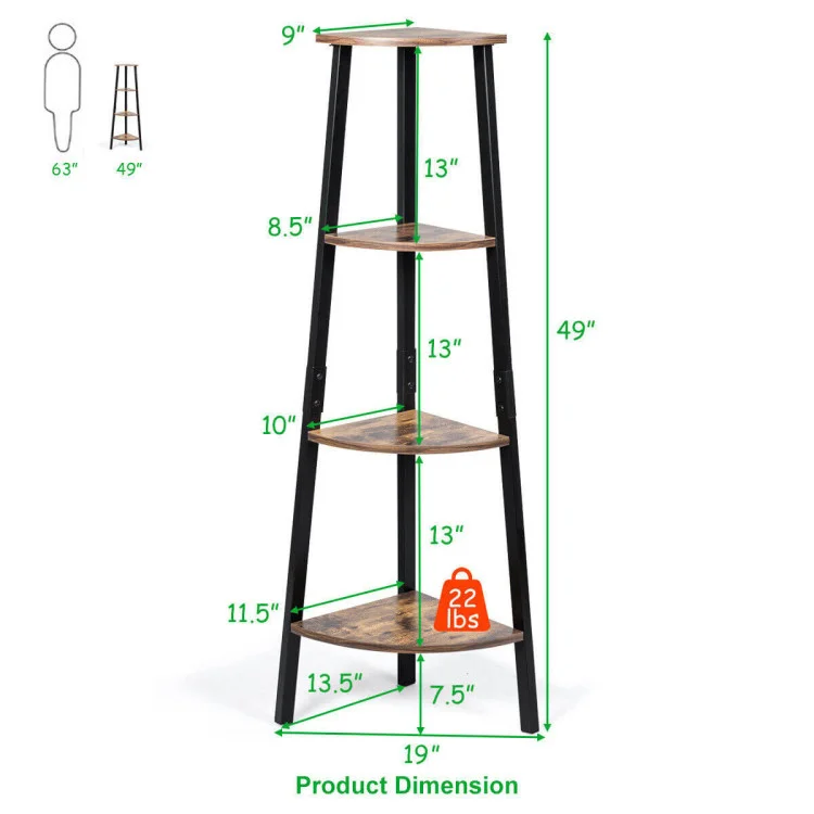 4-Tier Industrial Metal Frame Corner Bookcase