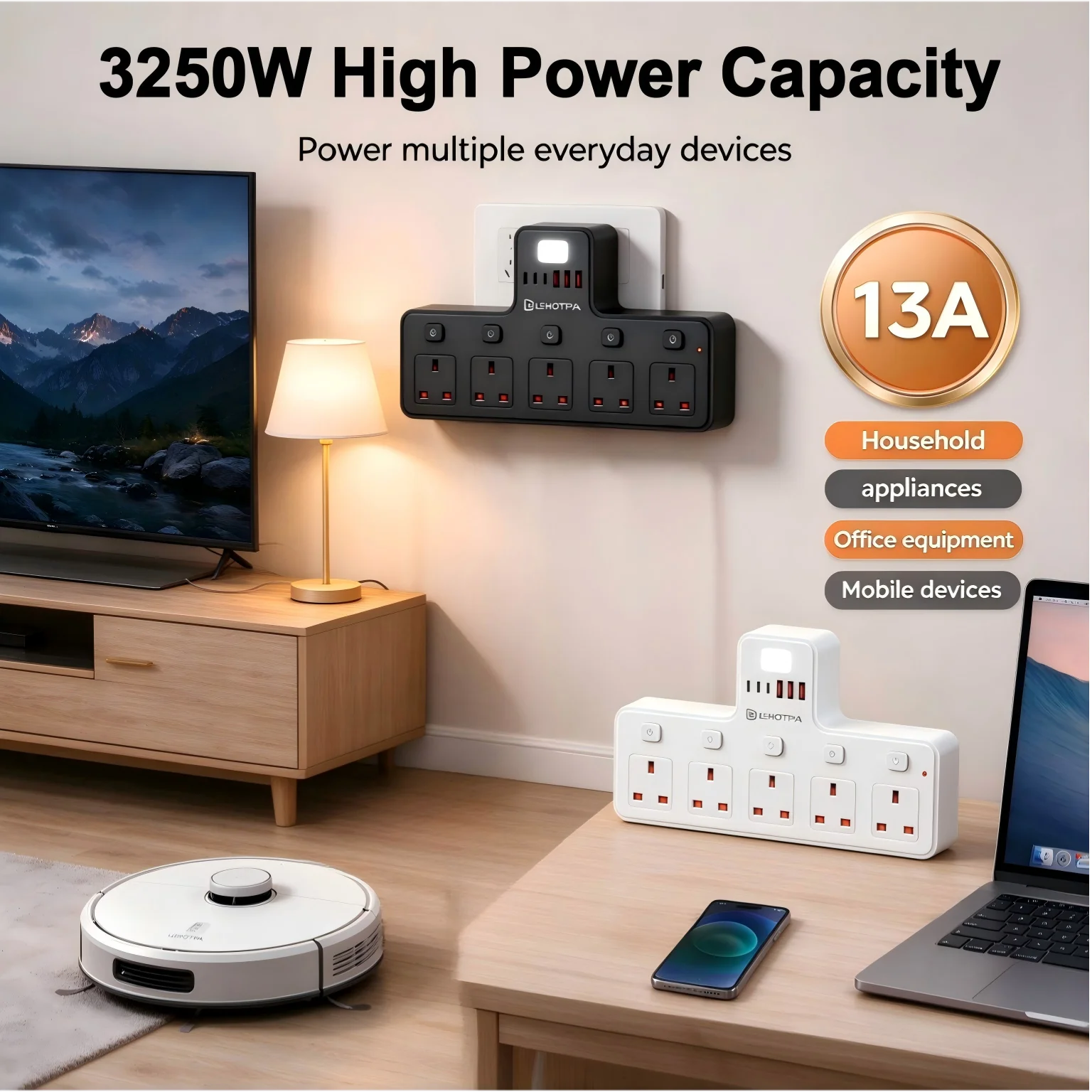 UK Socket Extender 5 Way Outlets with Individual Switches 4 USB Ports 3250W Wall Power Strip Multi Plug Extension Socket for Hom
