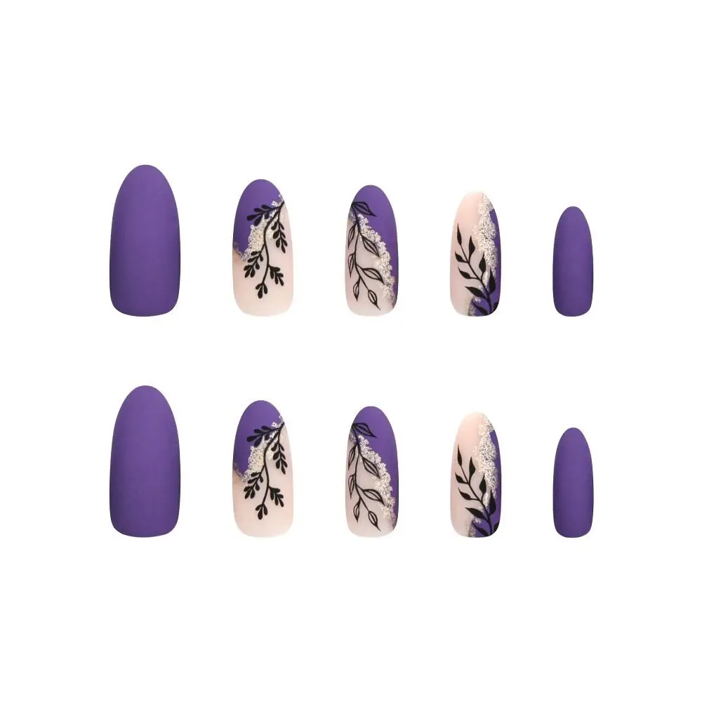 Manicure Long Oval False Nails French Purple Leaf Press on Nails Gold Glitter Detachable Fake Nials DIY