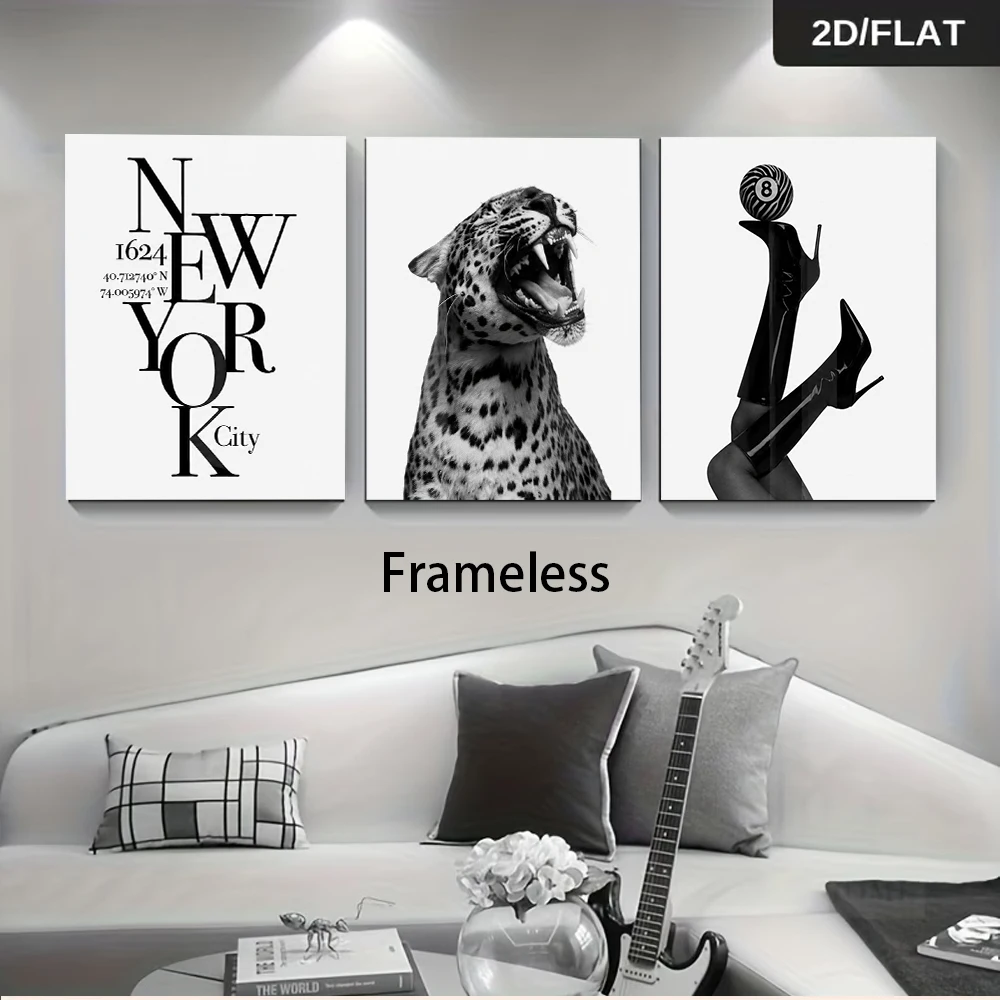 1 set of simple black and white leopard print high heels, triple layered living room frameless decorative painting, 2D plan