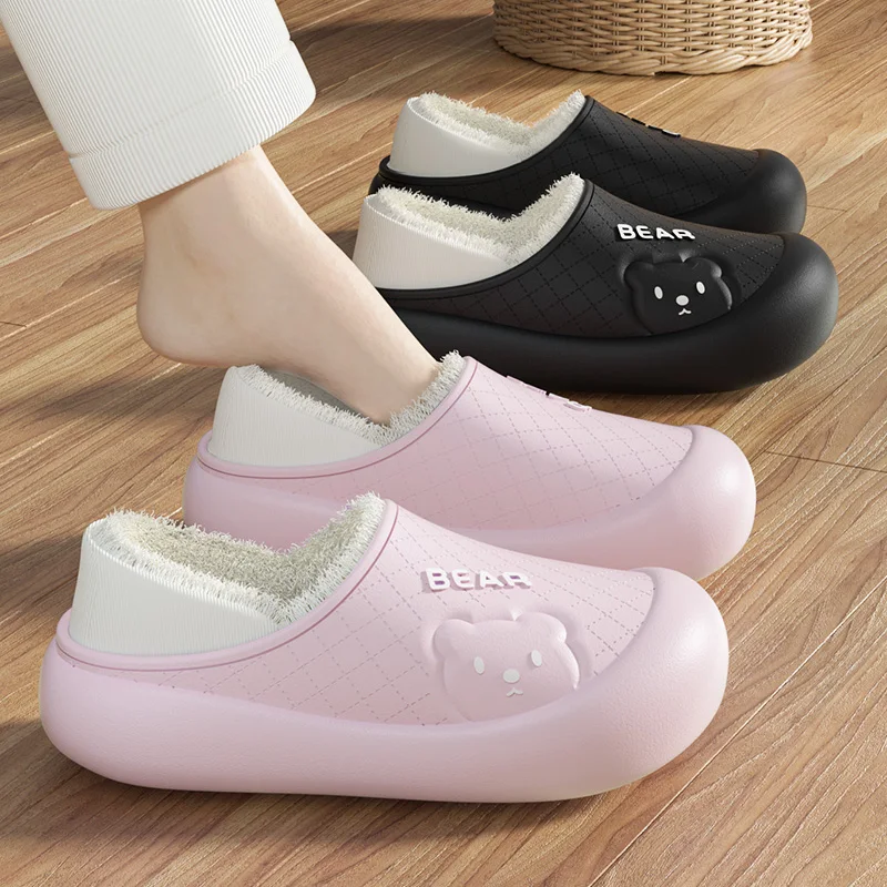 Cute Couple Winter Wrap Heel Warm Waterproof Soft Lithe Fluffy Slippers For Women Men Non-slip Ladies' Home Casual Cotton Shoes