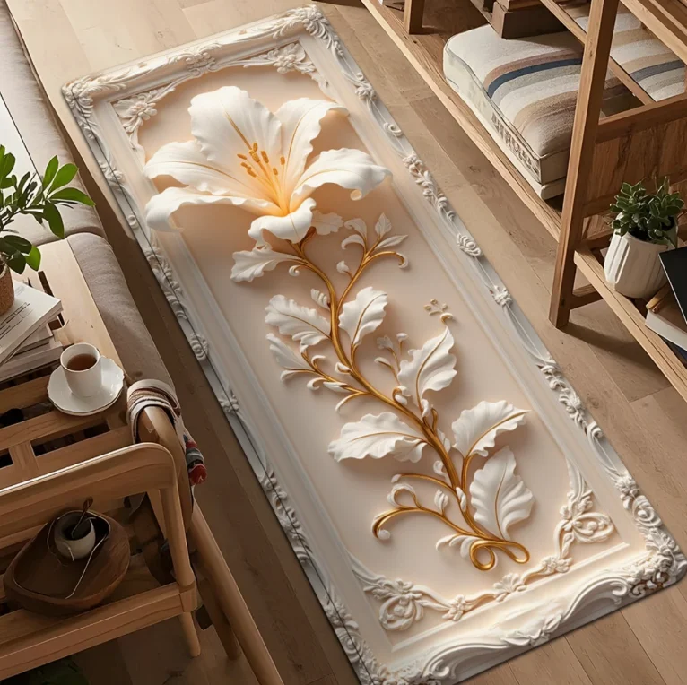 Elegant Runner Rug European Golden Branch Lily Pattern Non Slip Print Floor Runner for Kitchen Hallway Entryway