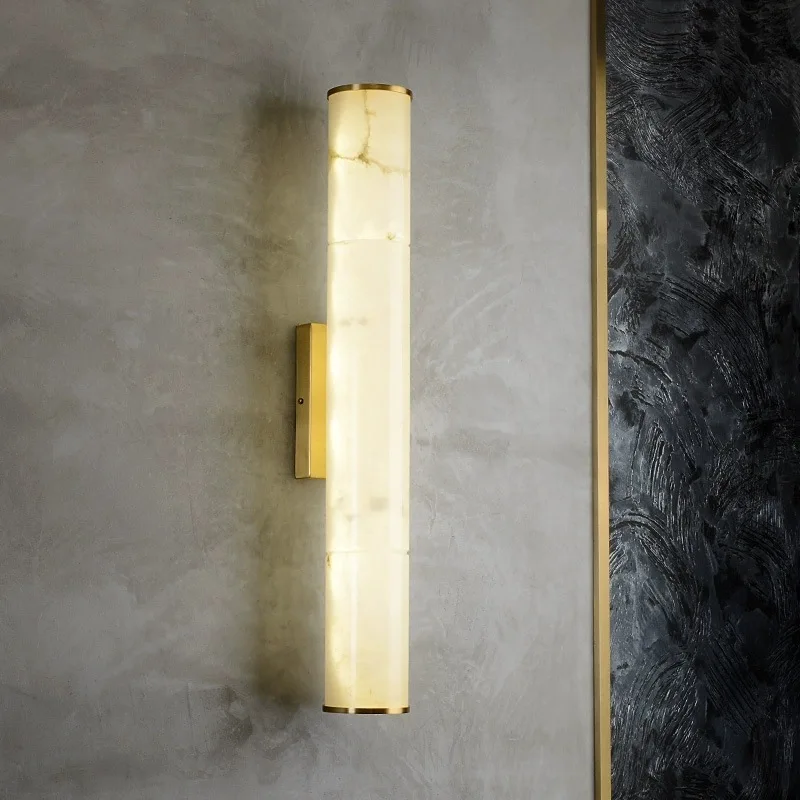 

All-copper natural marble postmodern wall lamp Bedroom bedside cylindrical wall lamp New Chinese living room study lamp