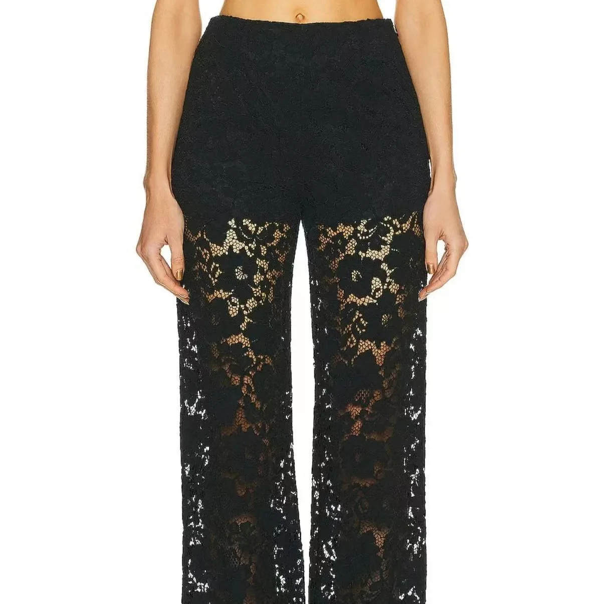 

Women Chic Lace Flare Pants See Through Mesh High Waist Bell Bottoms Long Trousers For Daily Elegant White Party Trousers
