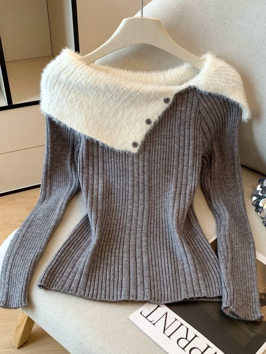 Oulder Bared Long Sve-suéter de punto ajustado para mujer, versión coreana, elemento de botón, fino Regular