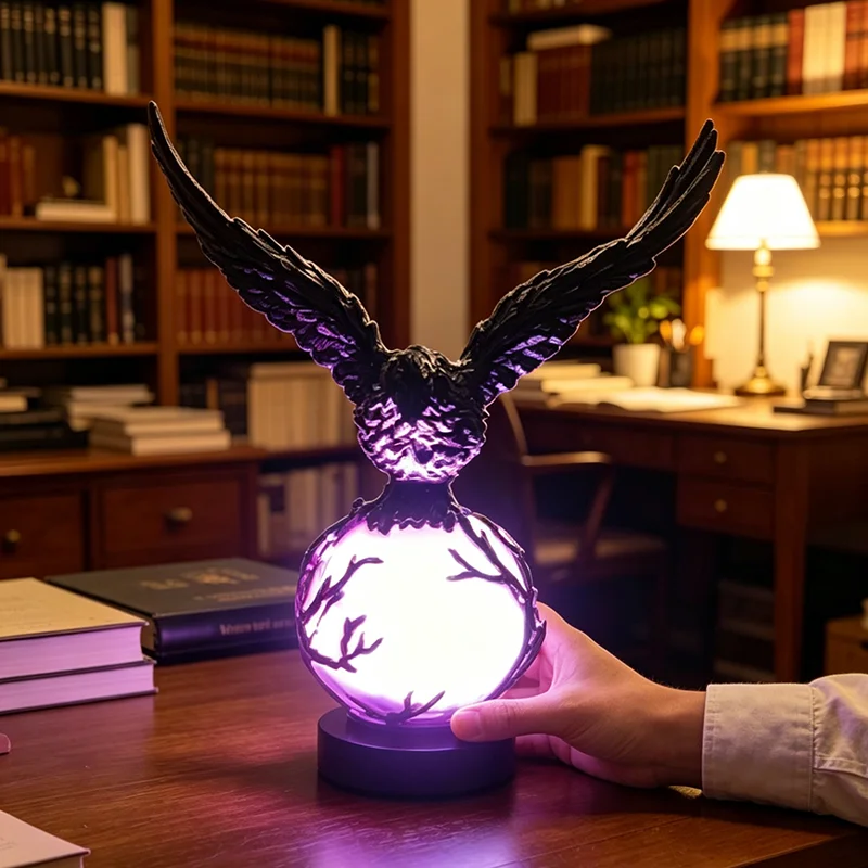 Gothic Black Raven Sculpture LED Night Light Purple Glowing Crystal Sphere Lamp Mysterious Dark Decor Unique Desktop Ornament