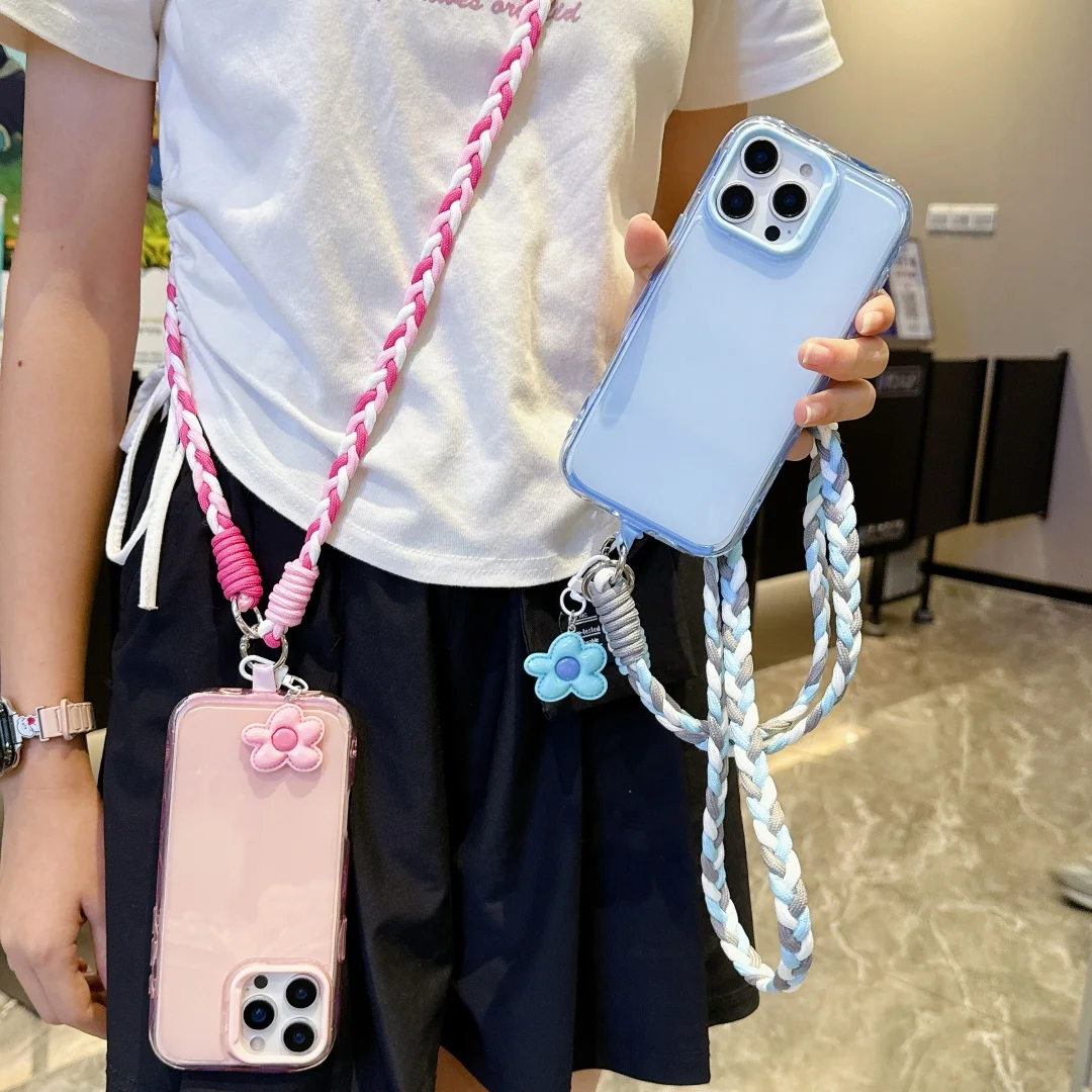 Lanyard Cross-body Shoulder Straps Keychain Flower Braid Design Long Rope with Replacement Patch for Mobile Phone Accessories