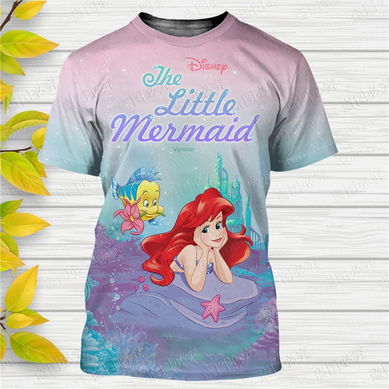 The Little Mermaid kaus musim panas pria wanita, atasan cetakan 3D Disney lengan pendek kasual gaya Streetwear klasik