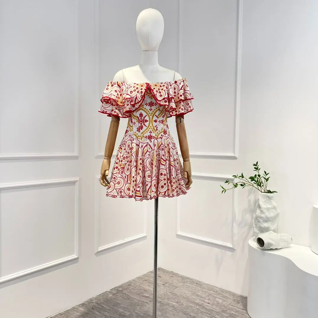 

Мини-платье ТРАПЕЦИЕВИДНОЕ белое, красное, зеленое, Новое поступление 2023, женская модная одежда с вышивкой и оборками на спине